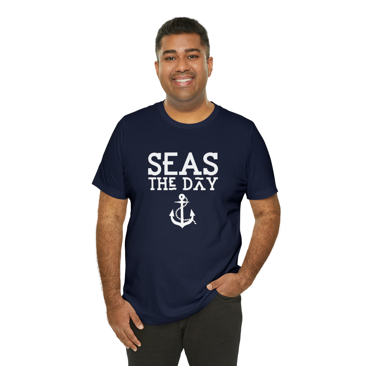 Unisex Jersey Weekend Tee, Seas The Day Print, Turquoise, Navy