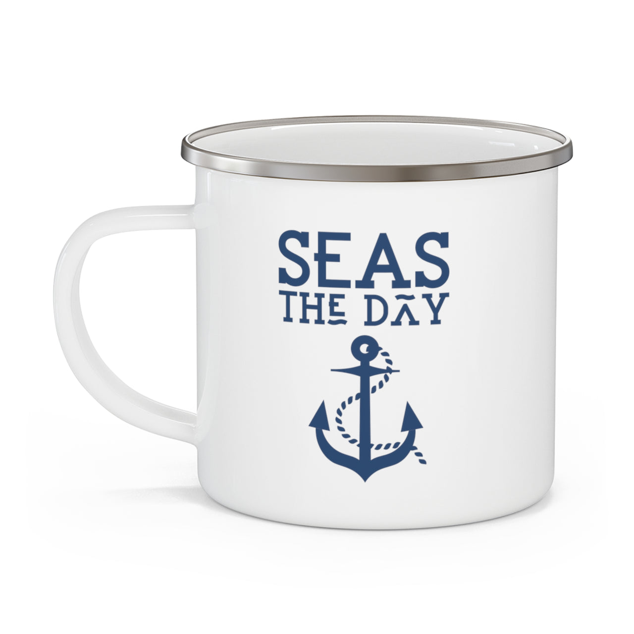 Seas The Day White Enamel Stainless Steel Beach Mug