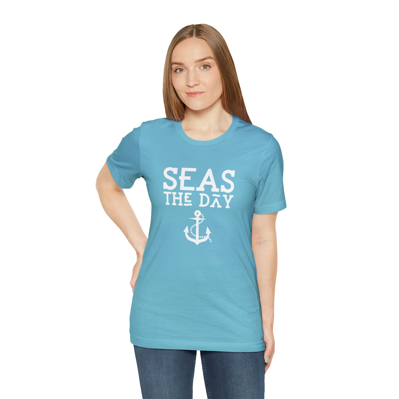 Unisex Jersey Weekend Tee, Seas The Day Print, Turquoise