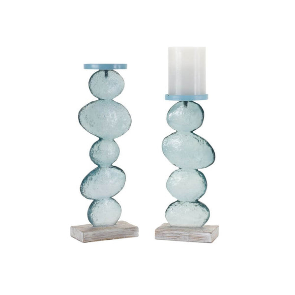 Soft Teal Glass & Whitewashed Candle Holders