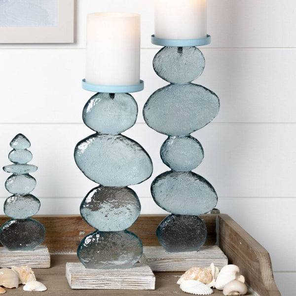 Soft Teal Glass & Whitewashed Candle Holders