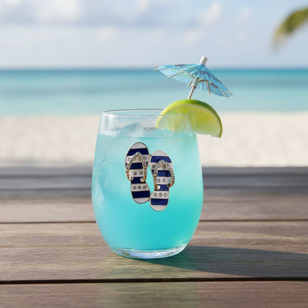 Jeweled Blue and White Flip Flop Stemless Wine Glass, 15 oz.