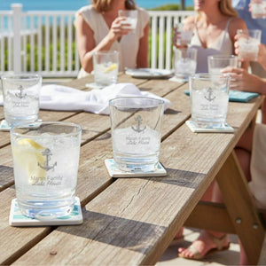 Crystal-clear acrylic stemless wine glass with glass-like brilliance and engraved nautical design