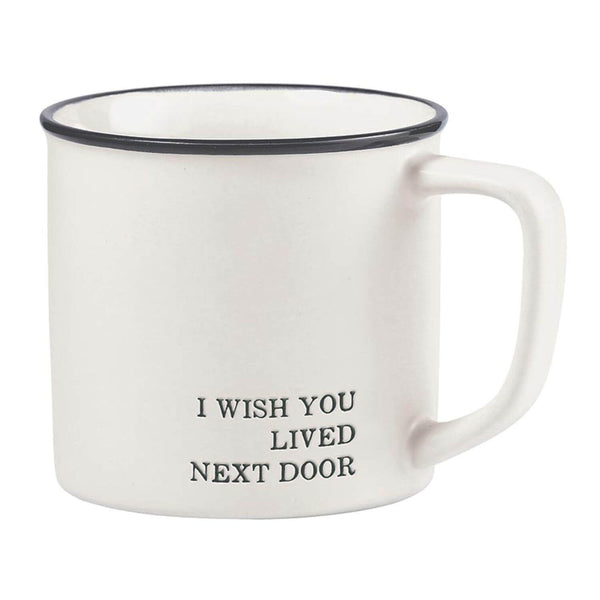 White mug with black rim and text 'I Wish You Lived Next Door' on a white background