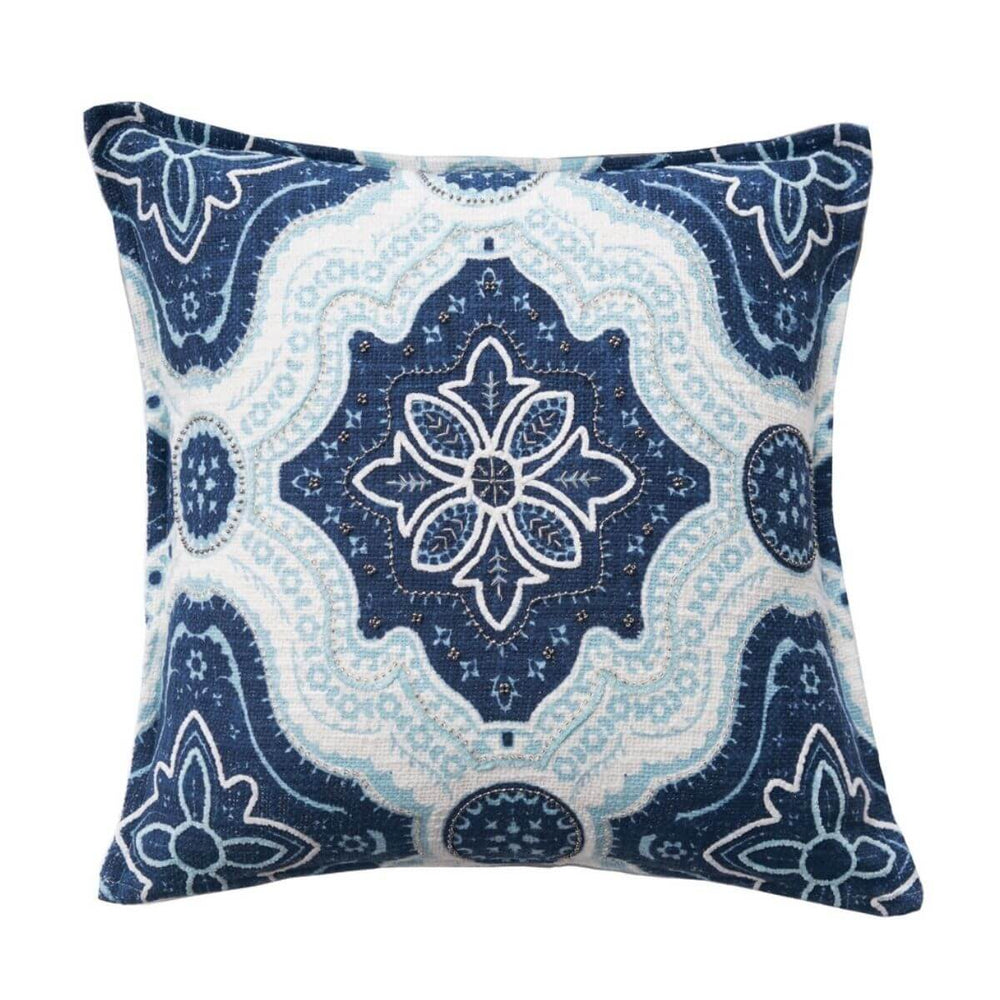 Floral Coastal Throw Pillow, Indigo & Surf (20 × 20), Coastal Decor Pillow with Medallion Print