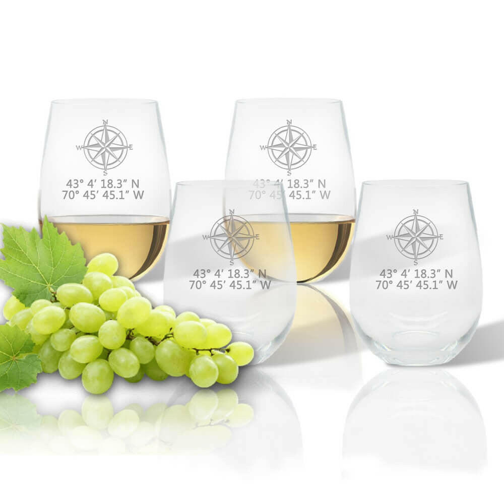 Latitude Longitude Stemless Wine, 5 Nautical Design Choices + GPS Coordinates, Unbreakable Acrylic Drinkware Sets New England Trading Co