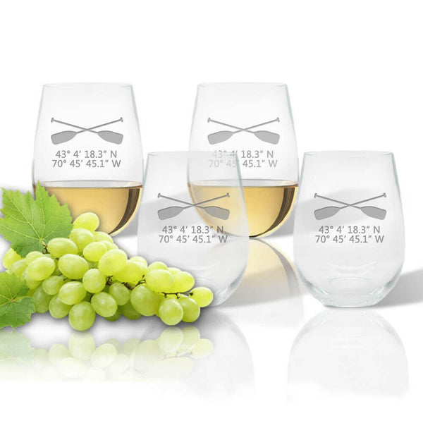 Latitude Longitude Stemless Wine, 5 Nautical Design Choices + GPS Coordinates, Unbreakable Acrylic Drinkware Sets New England Trading Co