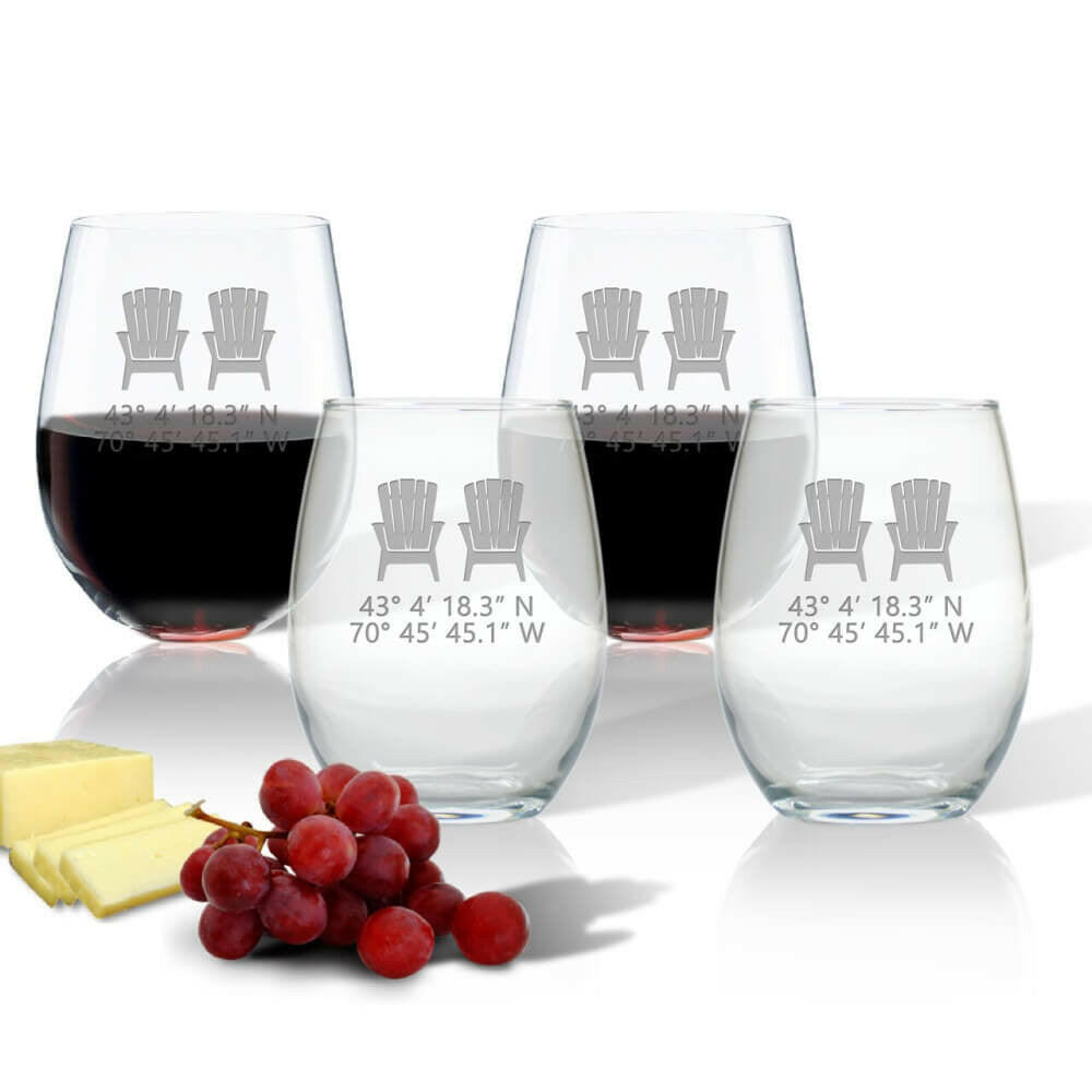 Latitude/Longitude Stemless Wine Glasses, Nautical Design + Coordinates, Set of 4 Drinkware Sets New England Trading Co