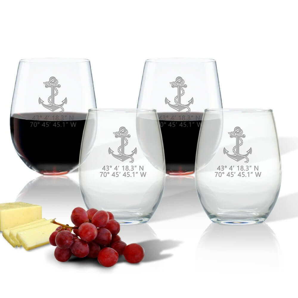 Latitude/Longitude Stemless Wine Glasses, Nautical Design + Coordinates, Set of 4 Drinkware Sets New England Trading Co
