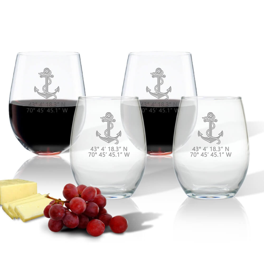 Latitude/Longitude Stemless Wine Glasses, Nautical Design + Coordinates, Set of 4 Drinkware Sets New England Trading Co   