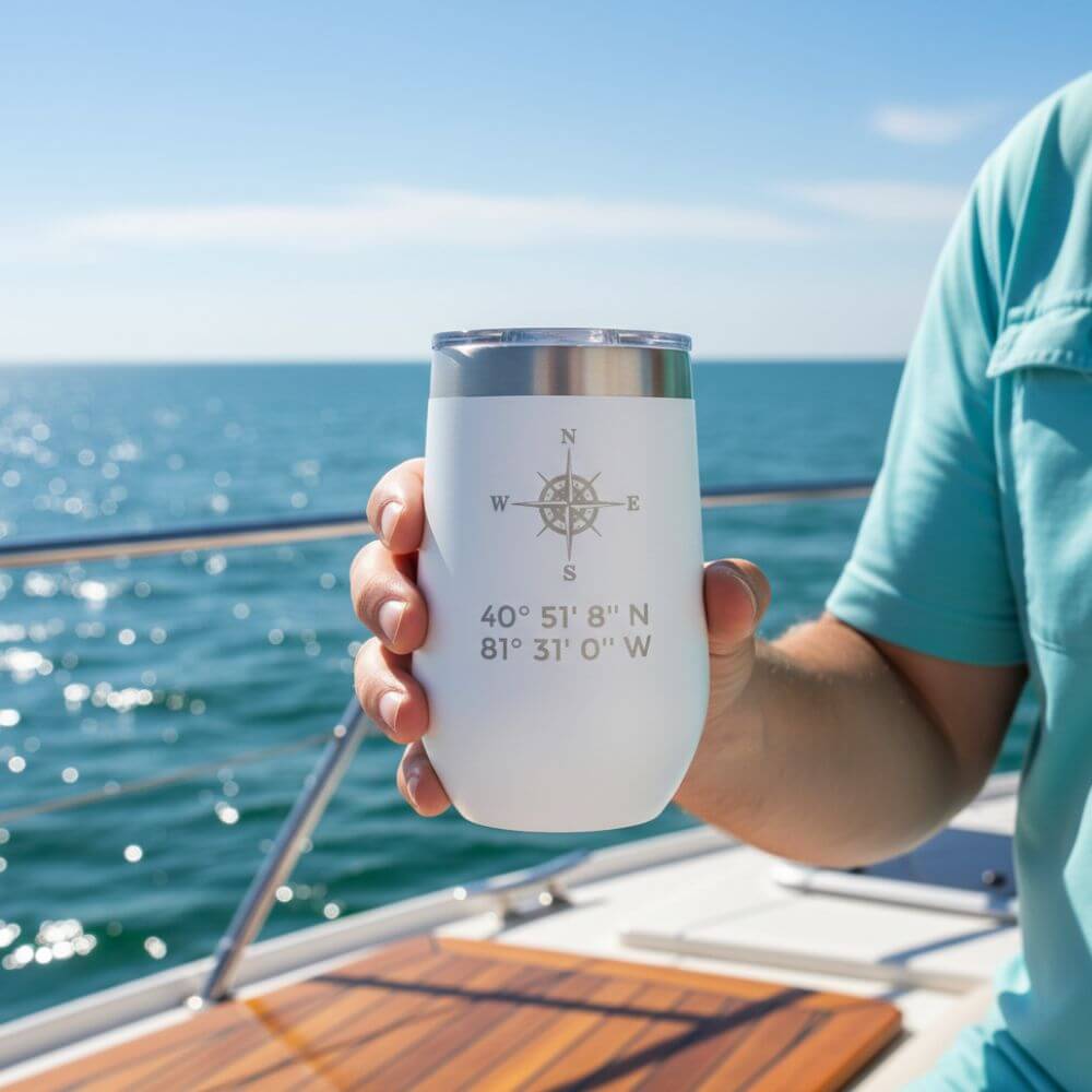 Stainless steel tumbler engraved with nautical design and personalized latitude and longitude coordinates.