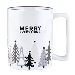 ceramic mug with a cheerful holiday tree design, rounded shape, and square handle, perfect for cozy seasonal sipping or gifting.