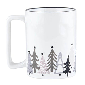 Festive holiday mug featuring a wraparound tree design with a smooth finish and square handle, ideal for coffee, tea, or cocoa during the holiday season.