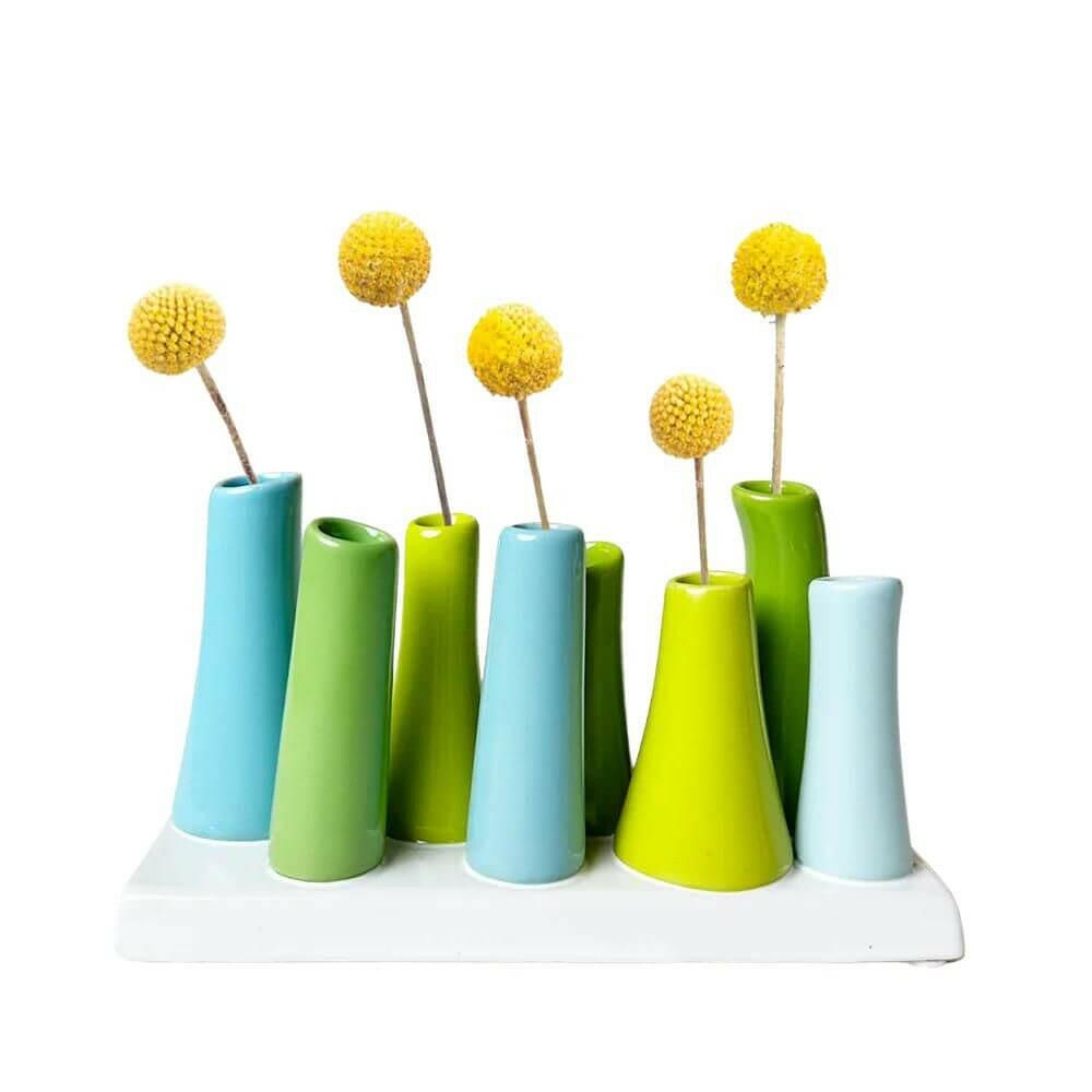 Modern 8 Tube Bud Vase, Pooley Vase Smoke Scout Blue