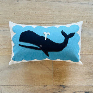 Navy Whale On Blue Scallop Pillow, 14 x 21, Handstitched, Heavyweight Cotton Canvas