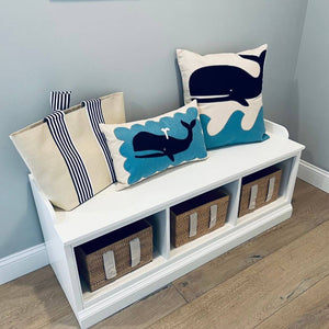 Navy Whale On Blue Scallop Pillow, 14 x 21, Handstitched, Heavyweight Cotton Canvas