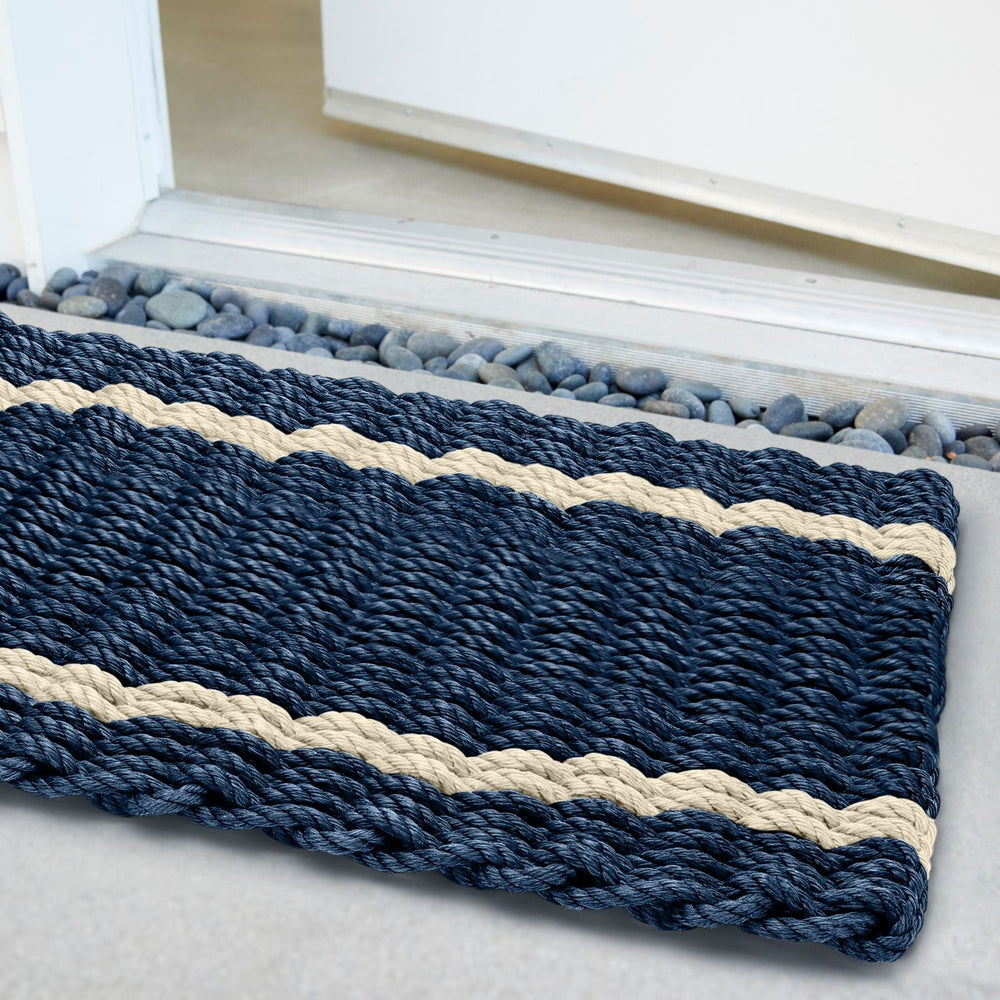 Lobster Rope Outdoor Mat, Wicked Good Doormats in Navy with Light Tan Tailored Stripes, Best Doormats