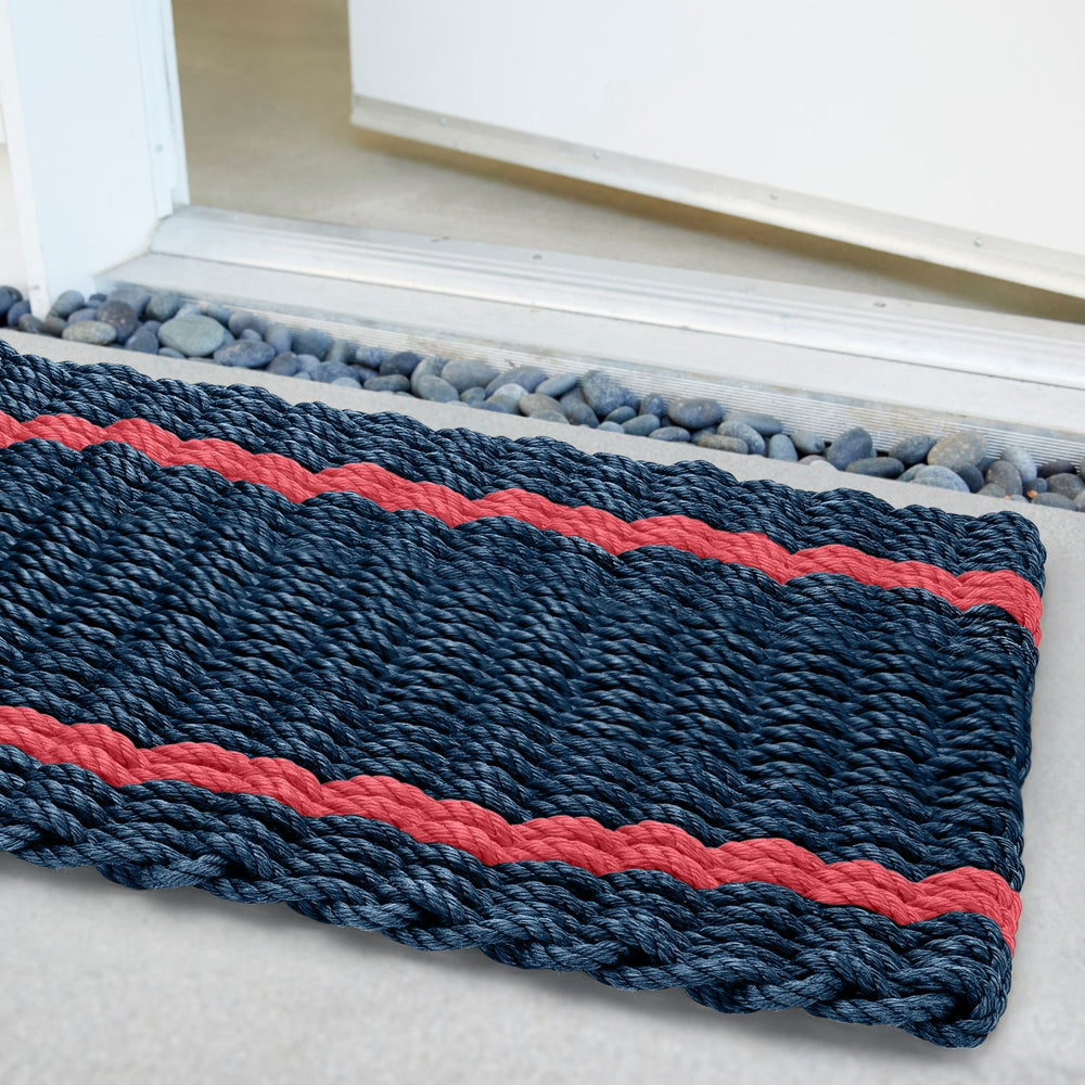 Lobster Rope Doormats, Outdoor Mats for Front Door in Navy with Nantucket Red Tailored Stripes