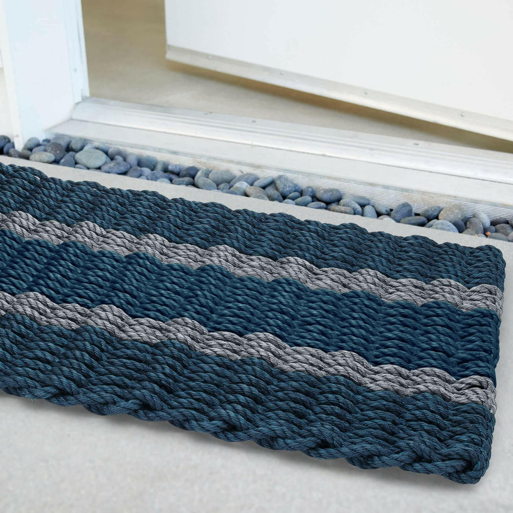 Lobster Rope Doormats, Outdoor Door Mats, Wicked Good Door Mats Made in Maine, Navy with 2 Silver Stripes