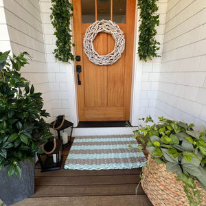 Outdoor Mats for Front Door, Wicked Good Lobster Rope Doormats, Sand & Seafoam Cabana Stripes