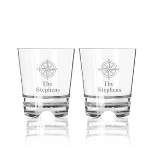Set of two personalized old fashioned acrylic cocktail glasses with compass design – custom unbreakable tumblers for coastal barware or summer gifts
