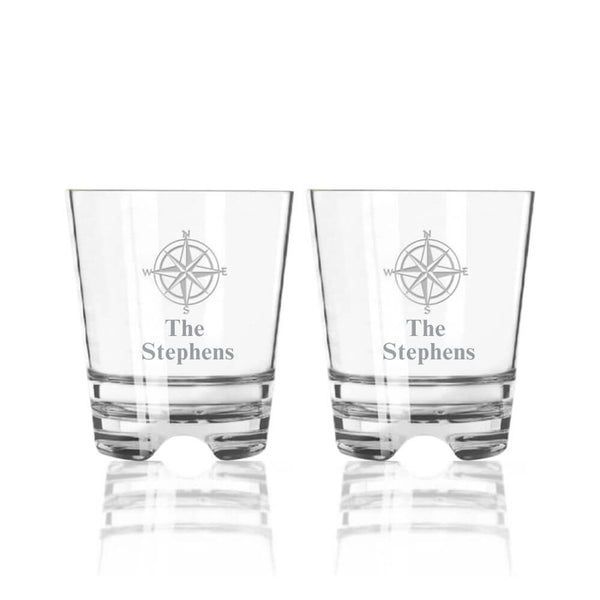 Set of two personalized old fashioned acrylic cocktail glasses with compass design – custom unbreakable tumblers for coastal barware or summer gifts