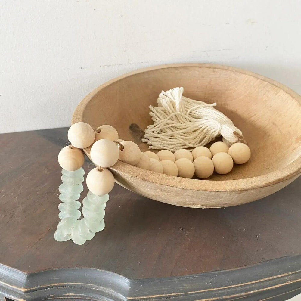 Recycled Glass & Wood Garland, Coastal Beaded Garland with Natural Wood Accents