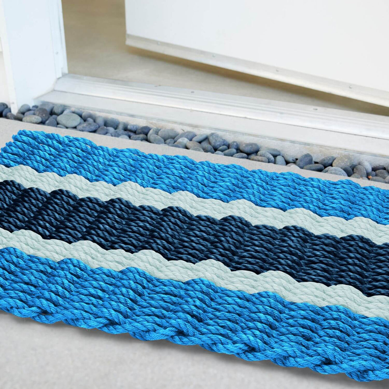 Lobster Rope Doormats, Outdoor Door Mats, Wicked Good Door Mats Made in Maine, Light Blue, Seafoam, Navy, Close Up View in Front Door