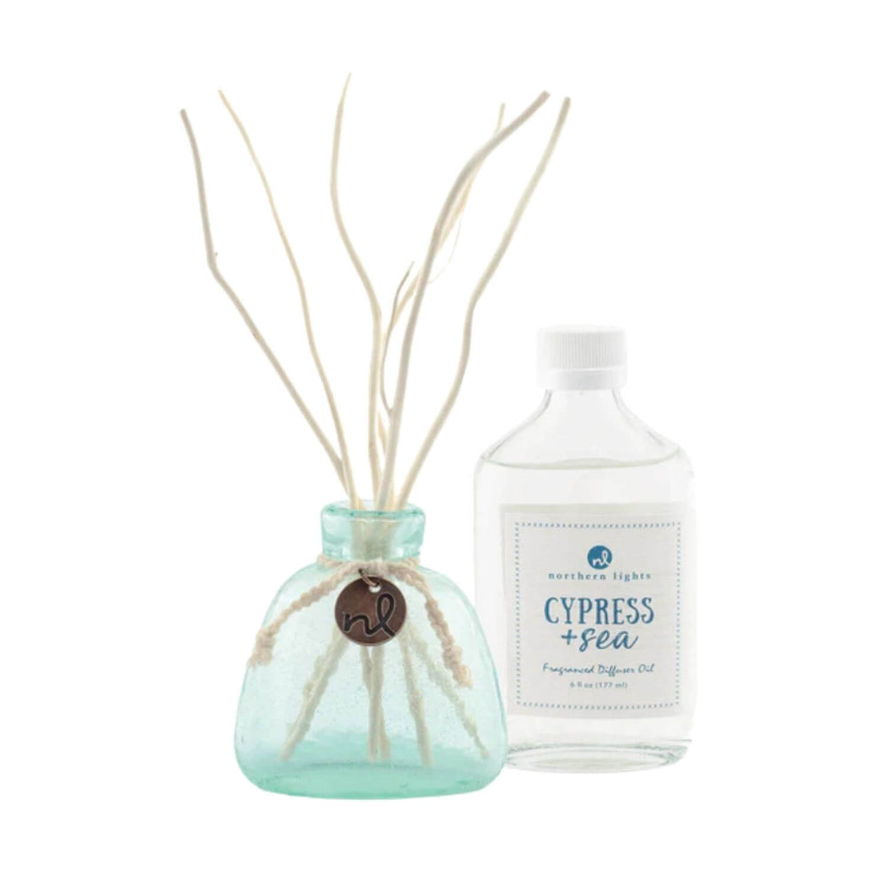 Windward Reed Diffuser in Cypress & Sea scent, 6 oz coastal fragrance in sea glass-style bottle with natural reeds, boxed for gifting