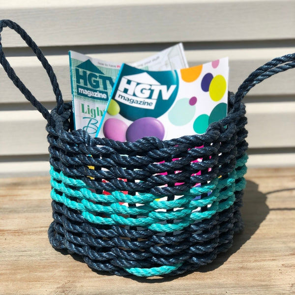 Wicked Good Lobster Rope Basket Baskets Wicked Good Baskets Navy with Teal Stripe  