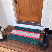 Thumbnail for Lobster Rope Doormats, Outdoor Door Mats, Wicked Good Door Mats Made in Maine, Christmas Green & Red, Front Door View with Boots and Floor Lamp