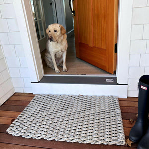 Lobster Rope Doormats, Outdoor Door Mats, Wicked Good Door Mats Made in Maine, Silver & Dark Tan Double Weave, Open Doorways with boots