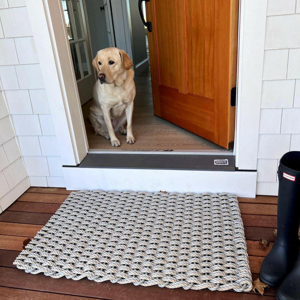 Lobster Rope Doormats, Outdoor Door Mats, Wicked Good Door Mats Made in Maine, Silver & Dark Tan Double Weave, Open Doorways with boots