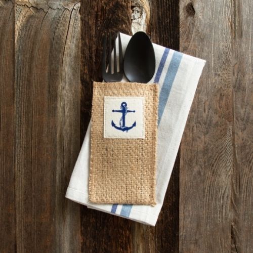 Woven Jute Silverware Pouches, 5 Coastal Designs, Set of 8 Tableware Cutlery Couture Anchor  