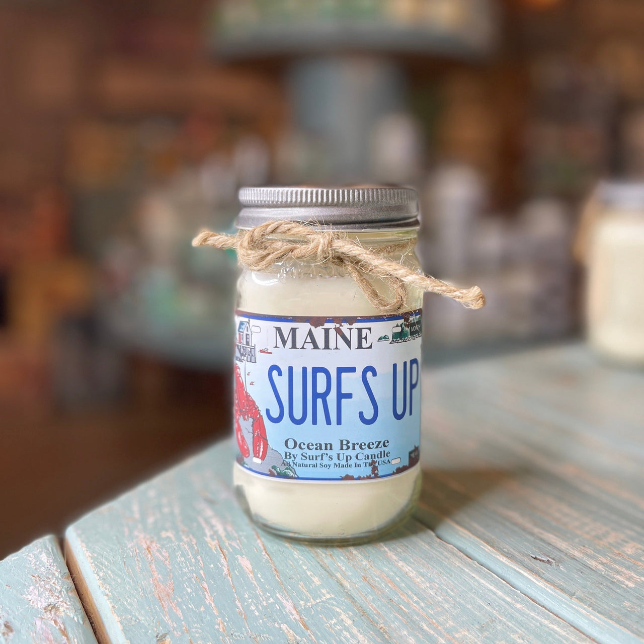 Maine License Plate Ocean Breeze Mason Jar Candle Mason Jar Candle Surf's Up Candle   