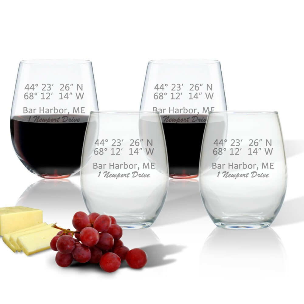 Latitude & Longitude Glasses, Stemless Wine, Set of 4 Drinkware Sets Nautical Living