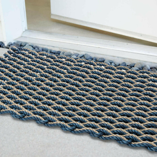Lobster Rope Doormats, Outdoor Door Mats, Wicked Good Door Mats Made in Maine, Navy & Dark Tan Double Weave, Angled View in Front Door