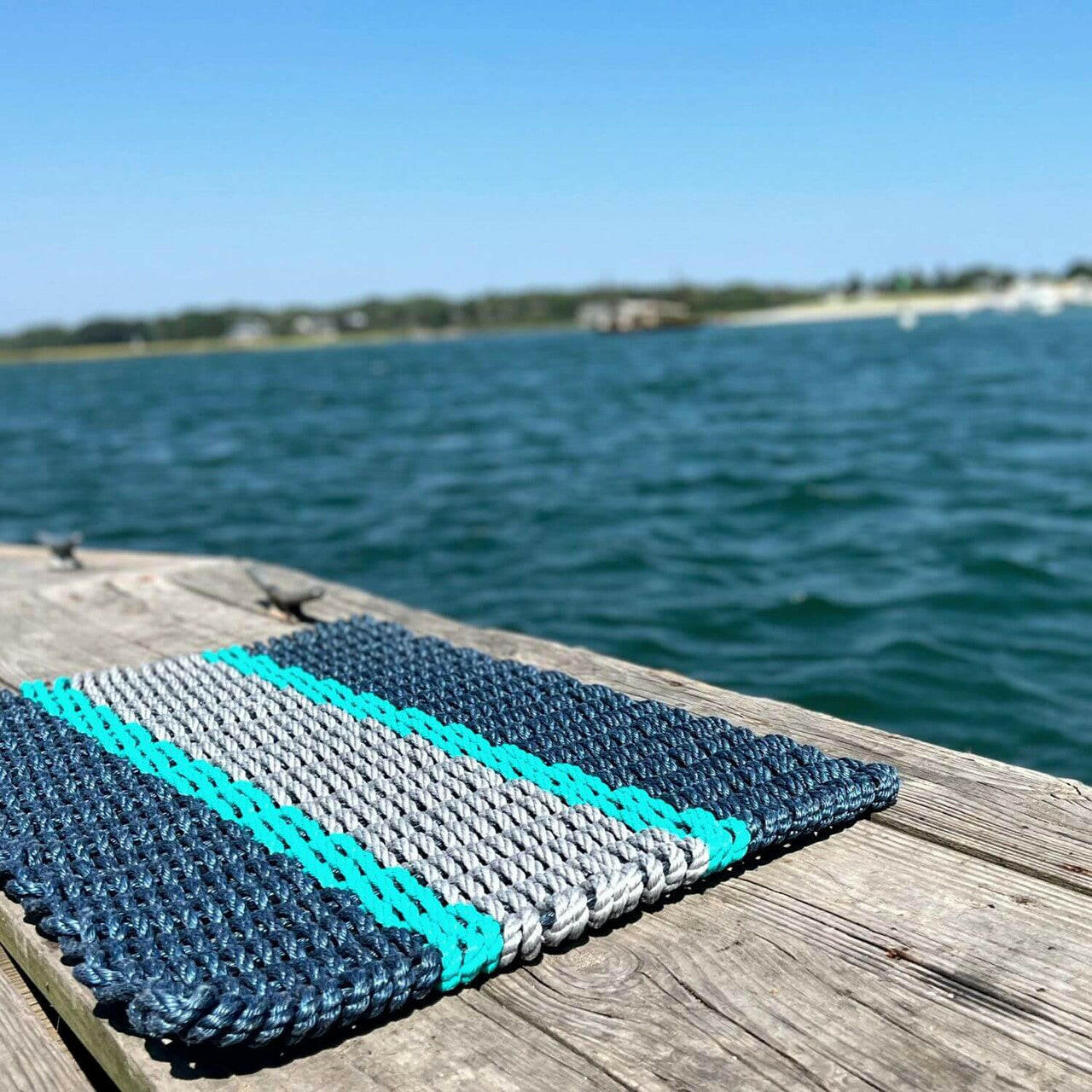 Lobster Rope Doormats, Outdoor Door Mats, Wicked Good Door Mats Made in Maine, Navy Teal and Silver, On Dock Seaside