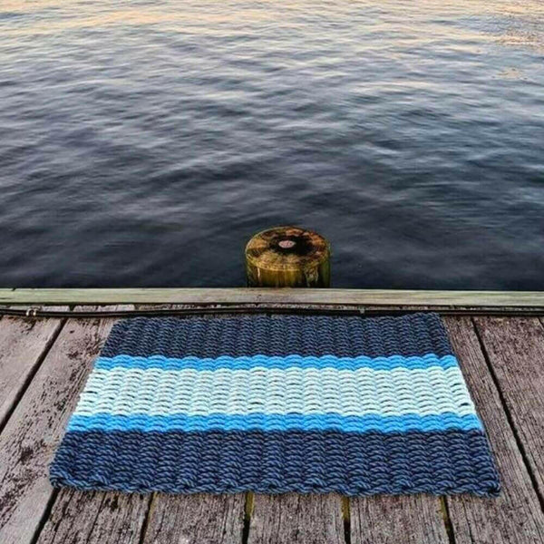 Lobster Rope Doormats, Outdoor Door Mats, Wicked Good Door Mats Made in Maine, Navy, Light Blue, Seafoam, on Dock Seaside