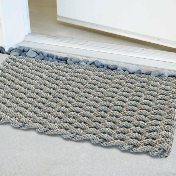 Lobster Rope Doormats, Outdoor Door Mats, Wicked Good Door Mats Made in Maine, Silver & Dark Tan Double Weave, Angled View in Front Door