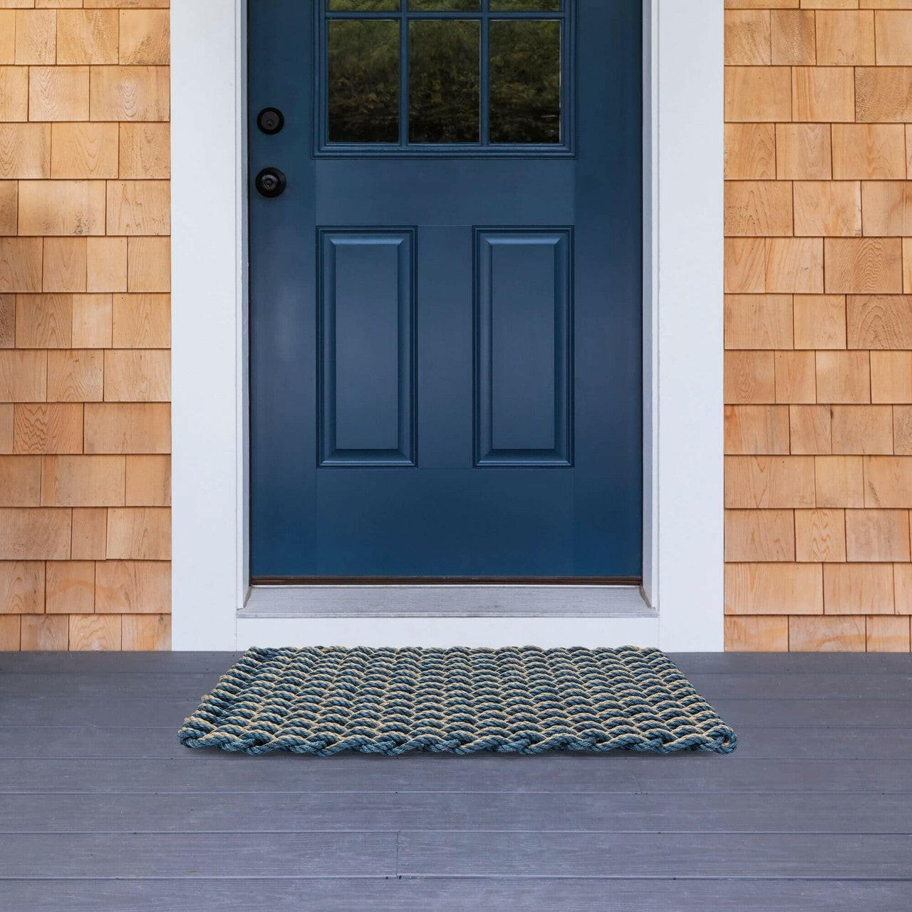 Lobster Rope Doormats, Outdoor Door Mats, Wicked Good Door Mats Made in Maine, Navy & Dark Tan Double Weave, Front Door Entrance View