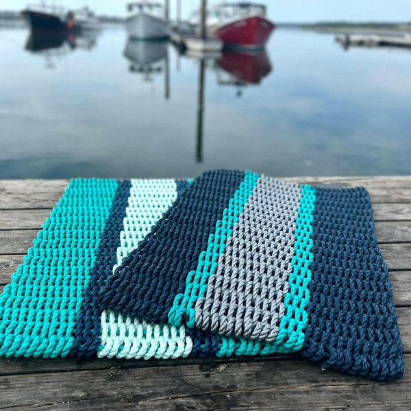 Lobster Rope Doormats, Outdoor Door Mats, Wicked Good Door Mats Made in Maine, Navy Teal and Silver, at Wells Harbor