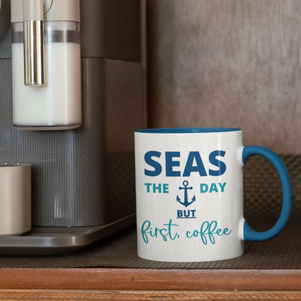 Seas The Day Ceramic Beach Coffee Mug, 5 Colors Mugs New England Trading Co  Light Blue