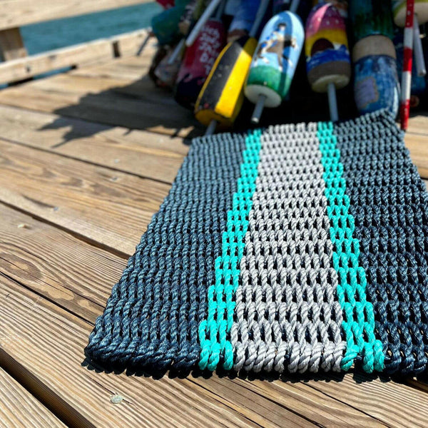 Lobster Rope Doormats, Outdoor Door Mats, Wicked Good Door Mats Made in Maine, Navy Teal and Silver, with Nautical Buoys