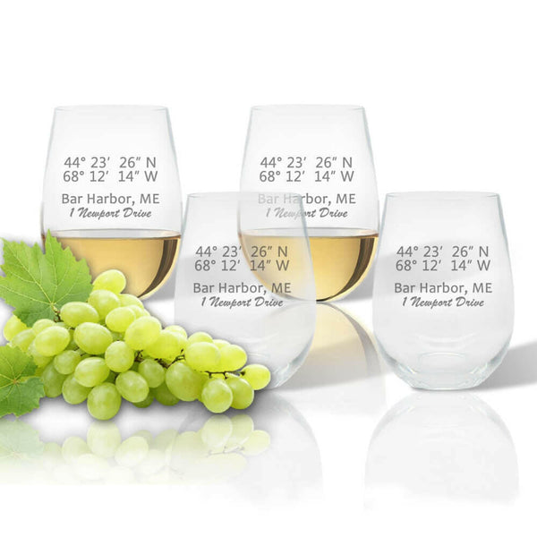 Latitude & Longitude GPS Coordinate + Address, Stemless Wine Glasses, Unbreakable Acrylic Drinkware Sets Nautical Living
