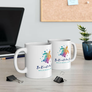 Personalized Be Kind To The Sea Ceramic Coastal Mug, Coffee Mug on the Table