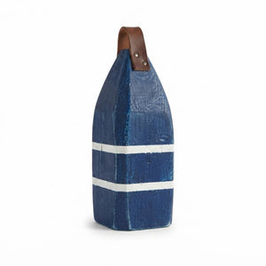 13" Distressed Maine Buoy Centerpiece with Leather Strap in Navy and White Stripes, Nautical Decor, Beach House Decor