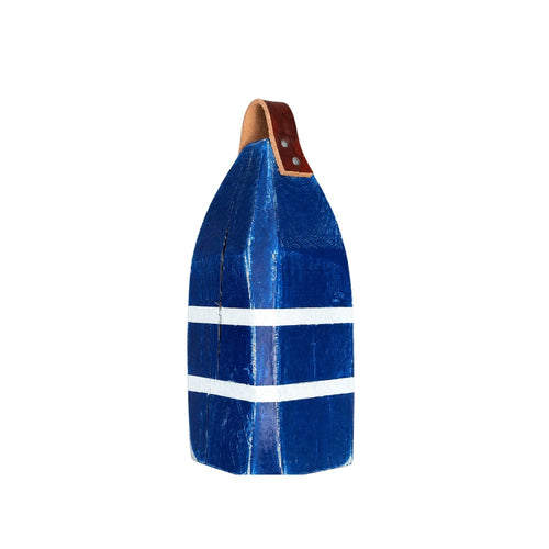 13" Distressed Maine Buoy Centerpiece with Leather Strap in Navy and White, Nautical Decor, Beach House Decor
