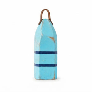 13" Distressed Maine Buoy Centerpiece with Leather Strap in Soft Teal and Navy Stripes, Nautical Decor, Beach House Decor