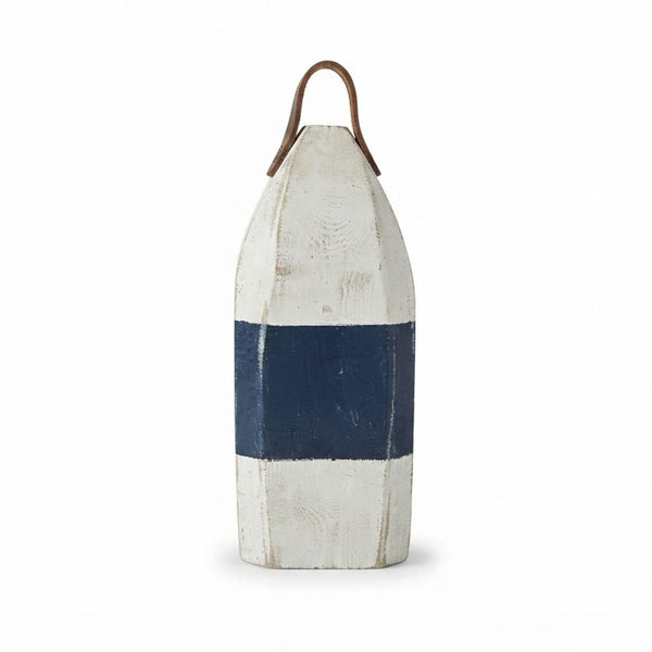 13" Distressed Maine Buoy Centerpiece with Leather Strap in White and Navy, Nautical Decor, Beach House Decor